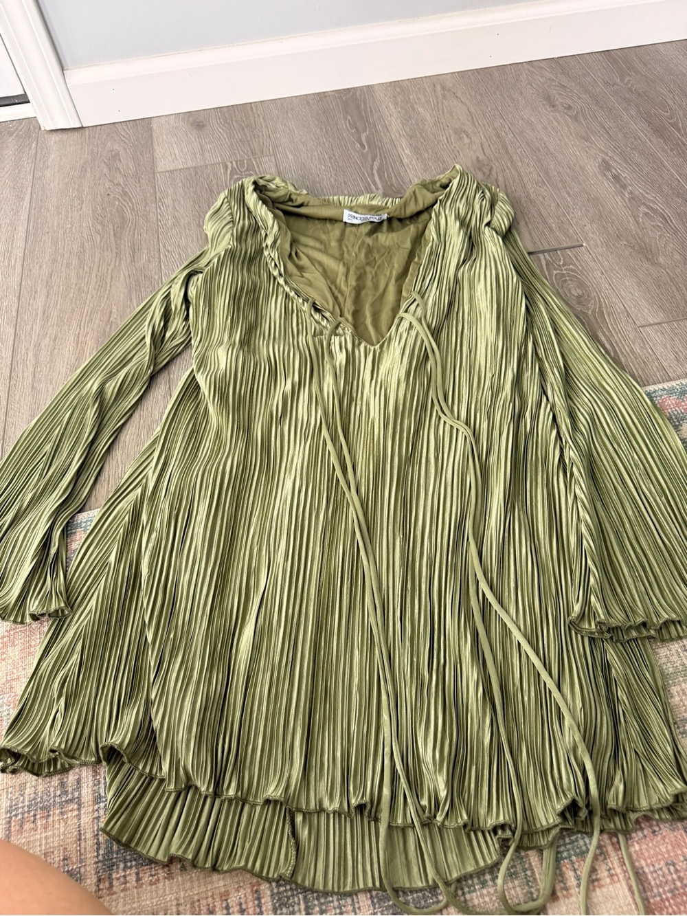 Olive Green Pleated V-Neck Dress